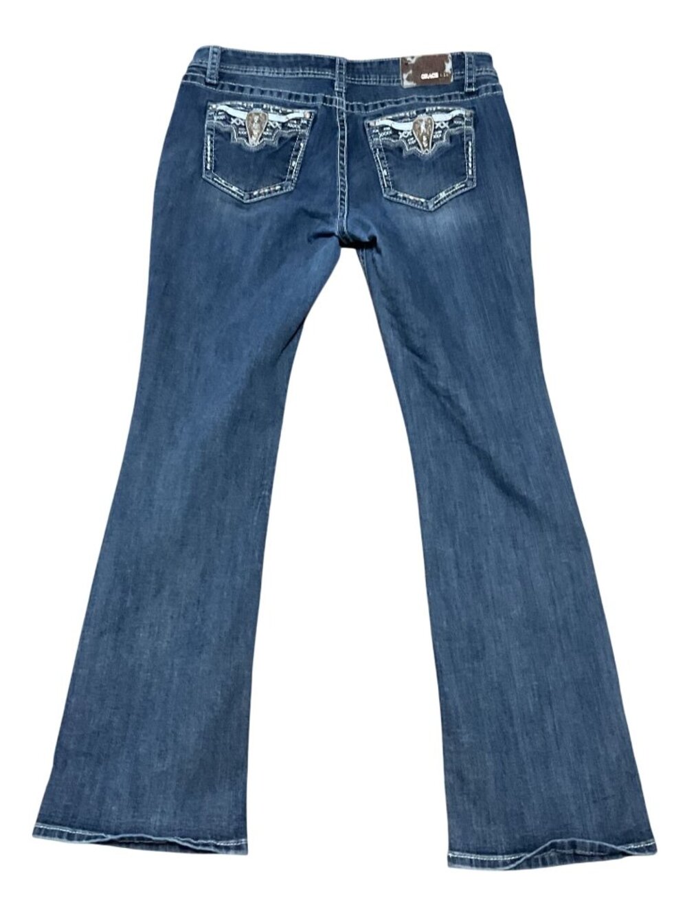Grace Bootcut Jeans Sz 33 Embroidered Southwestern Pockets Medium Wash Distresse